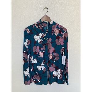 NWT Liz Claiborne multicolor floral blouse boho draped neck long sleeve sz Med